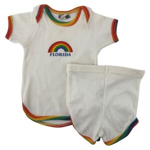 Vtg‎ Sun Triangle Miami Florida Rainbow Bodysuit Shorts Set 12-18 Mo Retro USA